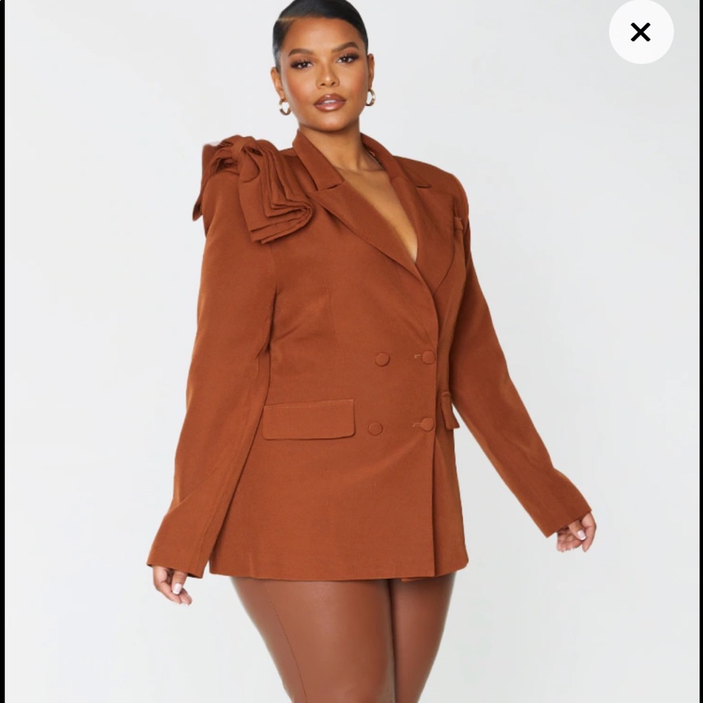 Plus Chocolate Woven Bow Double Breasted Blazer